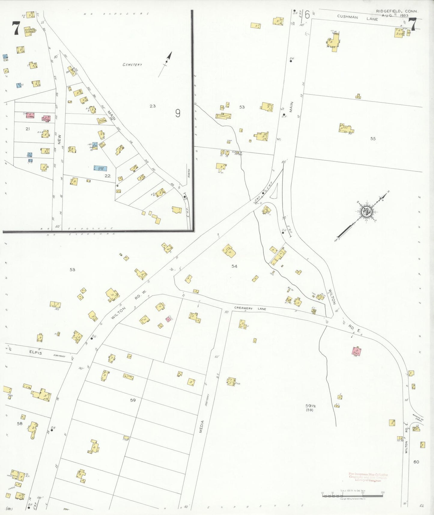 Sanborn Fire Insurance Map from Ridgefield, Fairfield County, Connecticut (1933), Sheet #0007 - Complete Map Set gallery image, historic Sanborn map, vintage wall art, Connecticut Connecticut