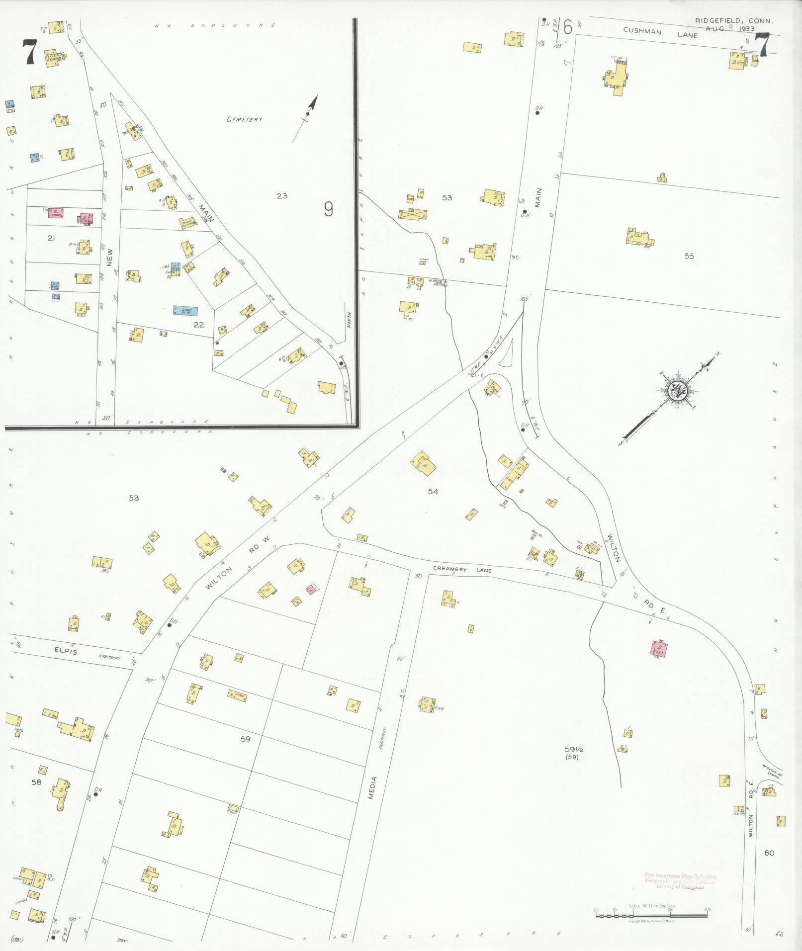 Sanborn Fire Insurance Map from Ridgefield, Fairfield County, Connecticut (1933), Sheet #0007 - Complete Map Set gallery image, historic Sanborn map, vintage wall art, Connecticut Connecticut