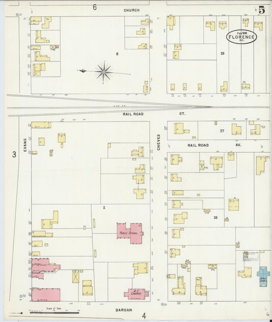 Sanborn Fire Insurance Map from Florence, Florence County, South Carolina (1898), Sheet #0005 - Historic Sanborn Fire Insurance Map Print, vintage old map wall art, antique decor, genealogy gift, South Carolina South Carolina map