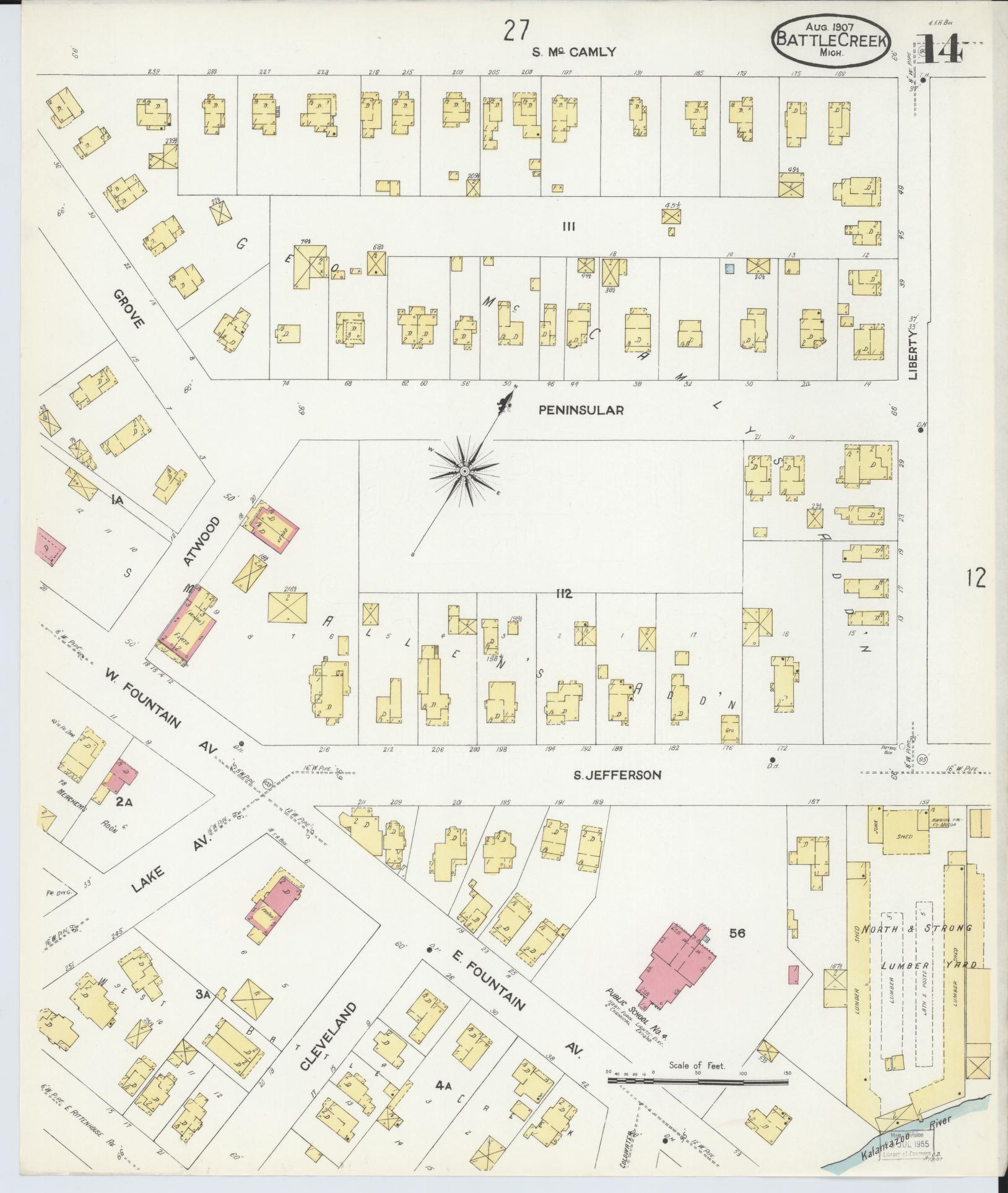 Sanborn Fire Insurance Map from Battle Creek, Calhoun County, Michigan (1907), Sheet #0014 - Historic Sanborn Fire Insurance Map Print, vintage old map wall art, antique decor, genealogy gift, Michigan Michigan map