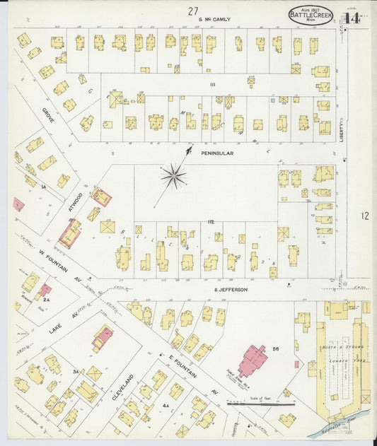 Sanborn Fire Insurance Map from Battle Creek, Calhoun County, Michigan (1907), Sheet #0014 - Historic Sanborn Fire Insurance Map Print, vintage old map wall art, antique decor, genealogy gift, Michigan Michigan map