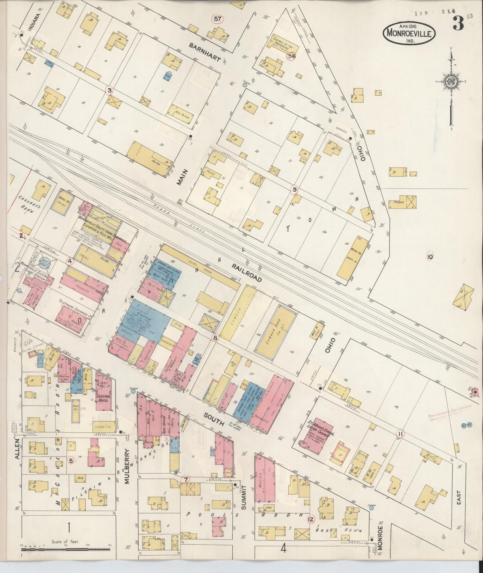 Sanborn Fire Insurance Map from Monroeville, Allen County, Indiana (1932), Sheet #0003 - Complete Map Set gallery image, historic Sanborn map, vintage wall art, Indiana Indiana