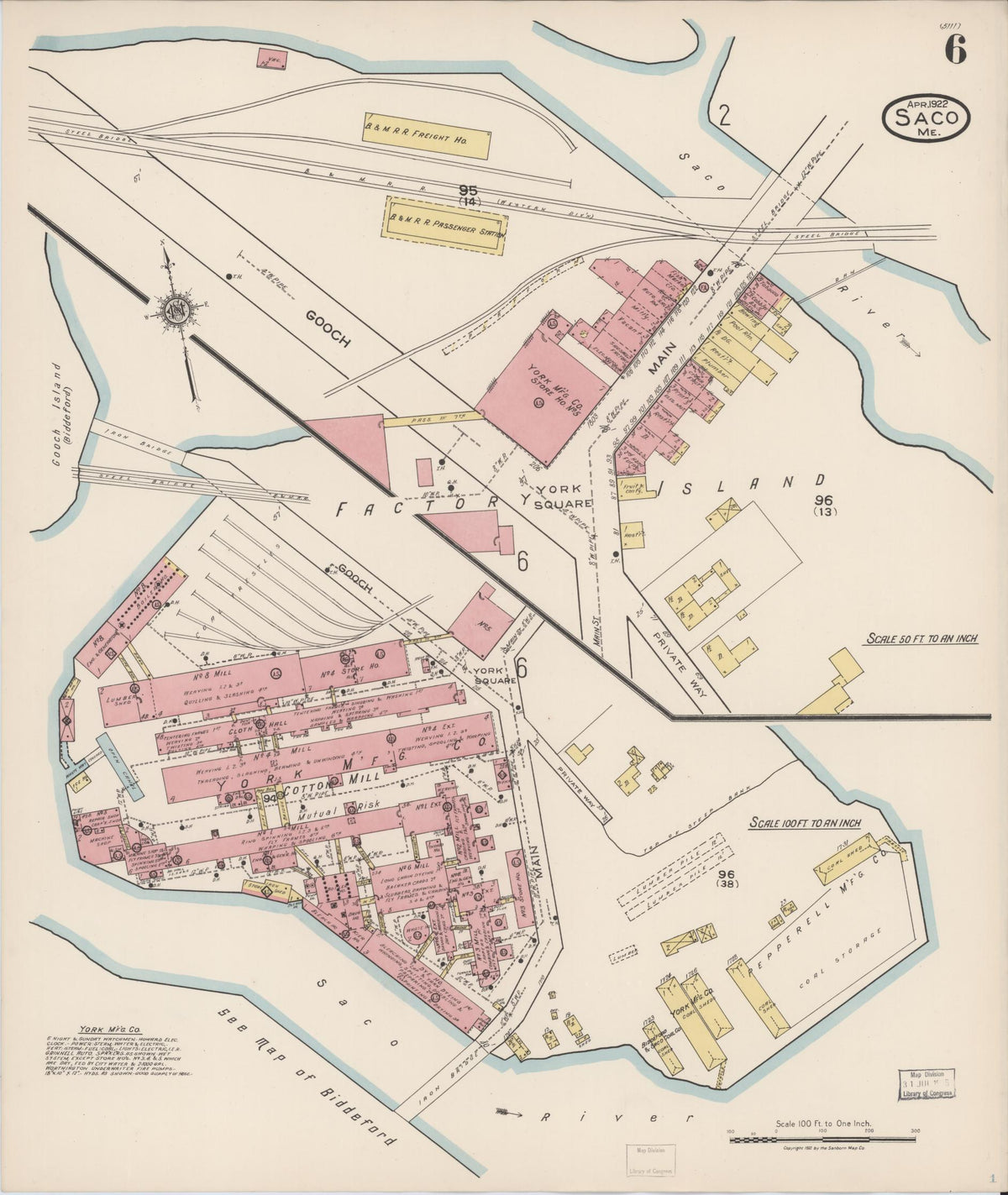 Sanborn Fire Insurance Map from Saco, York County, Maine (1922), Sheet #0006 - Historic Sanborn Fire Insurance Map Print, vintage old map wall art, antique decor, genealogy gift, Maine Maine map