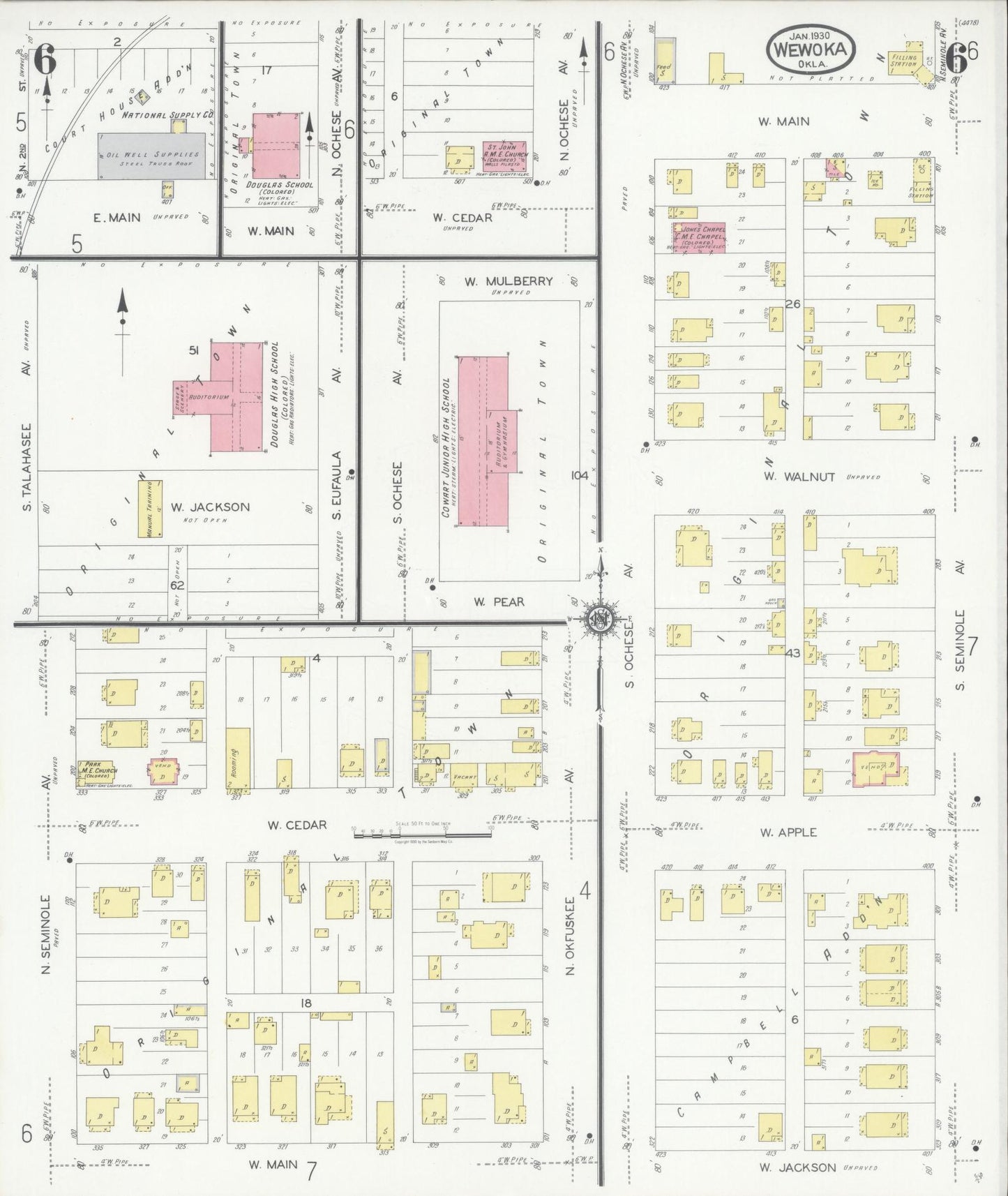 Sanborn Fire Insurance Map from Wewoka, Seminole County, Oklahoma (1930), Sheet #0006 - Complete Map Set gallery image, historic Sanborn map, vintage wall art, Oklahoma Oklahoma