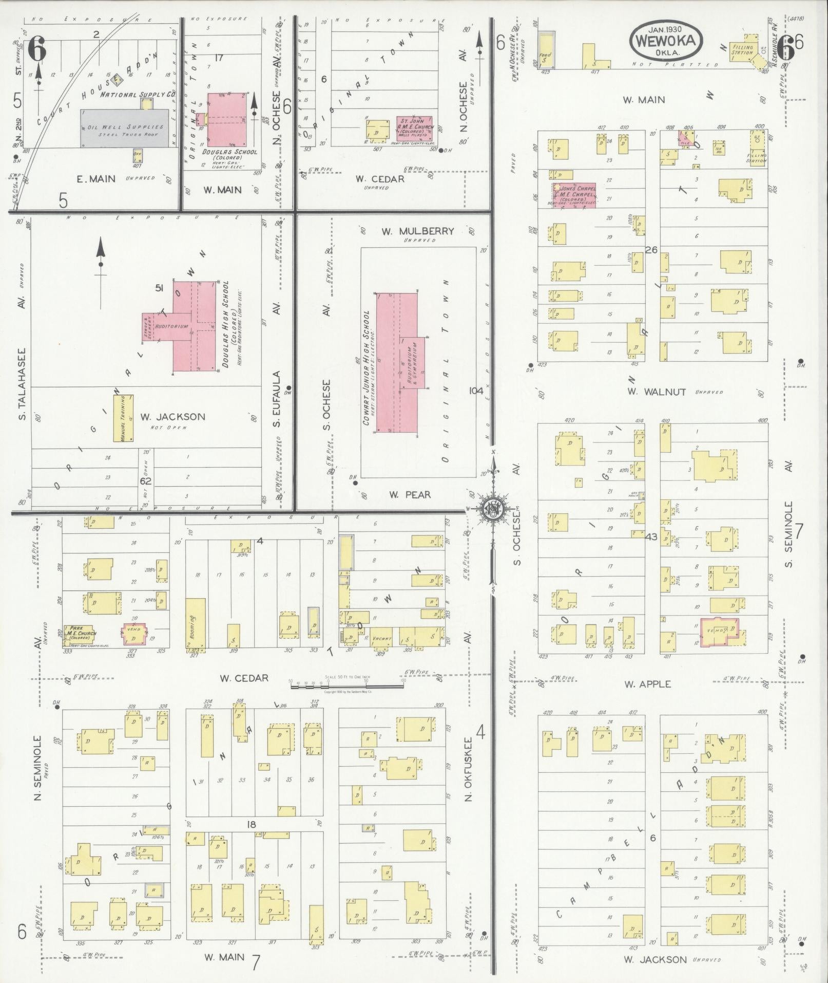Sanborn Fire Insurance Map from Wewoka, Seminole County, Oklahoma (1930), Sheet #0006 - Complete Map Set gallery image, historic Sanborn map, vintage wall art, Oklahoma Oklahoma