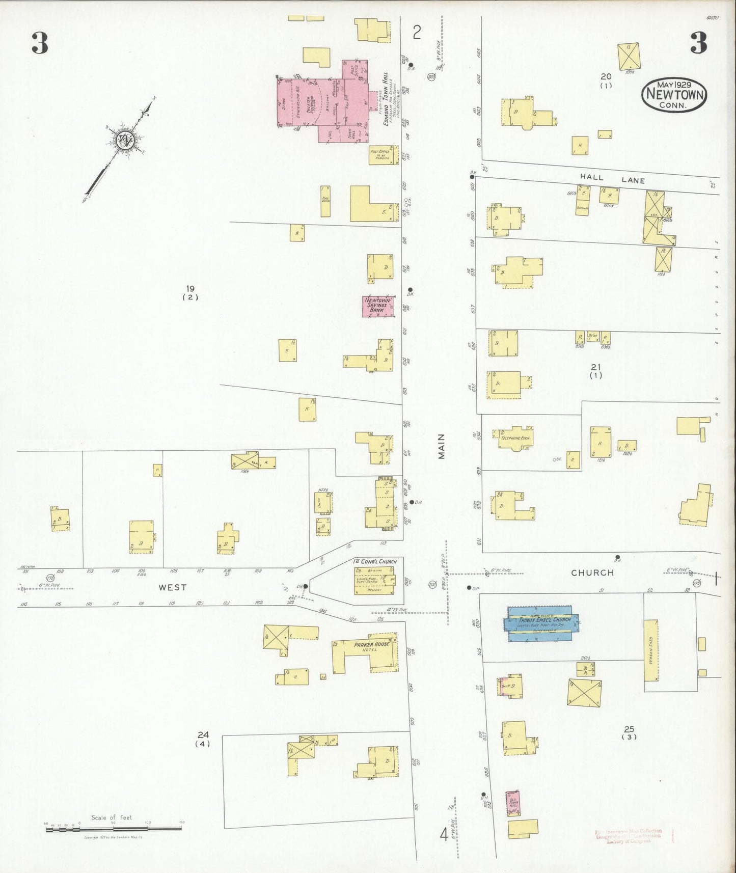 Sanborn Fire Insurance Map from Newtown, Fairfield County, Connecticut (1929), Sheet #0003 - Complete Map Set gallery image, historic Sanborn map, vintage wall art, Connecticut Connecticut