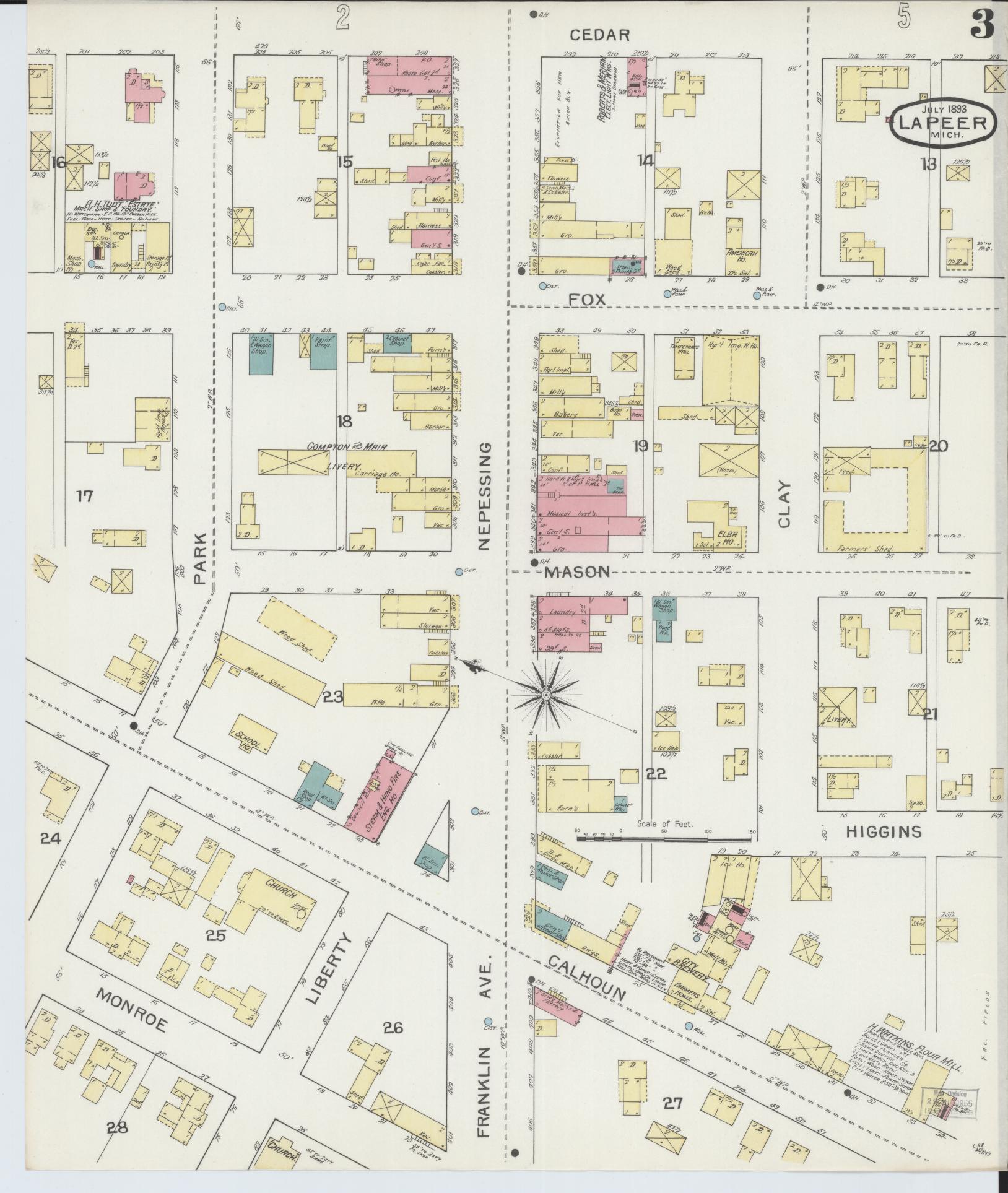 Sanborn Fire Insurance Map from Lapeer, Lapeer County, Michigan (1893), Sheet #0003 - Historic Sanborn Fire Insurance Map Print, vintage old map wall art, antique decor, genealogy gift, Michigan Michigan map
