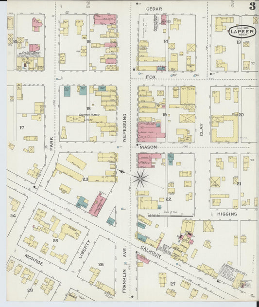 Sanborn Fire Insurance Map from Lapeer, Lapeer County, Michigan (1893), Sheet #0003 - Historic Sanborn Fire Insurance Map Print, vintage old map wall art, antique decor, genealogy gift, Michigan Michigan map