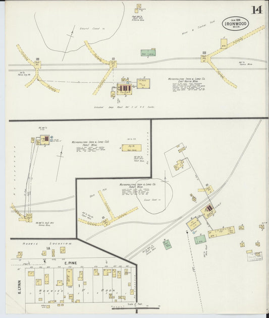 Sanborn Fire Insurance Map from Ironwood, Gogebic County, Michigan (1898), Sheet #0014 - Historic Sanborn Fire Insurance Map Print, vintage old map wall art, antique decor, genealogy gift, Michigan Michigan map
