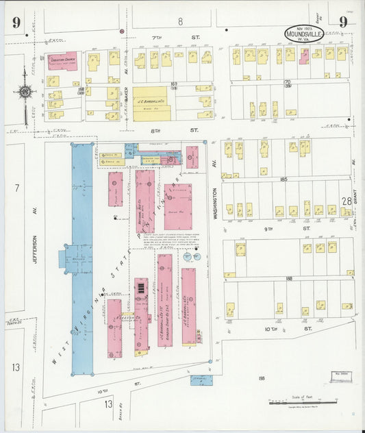 Sanborn Fire Insurance Map from Moundsville, Marshall County, West Virginia (1923), Sheet #0009 - Historic Sanborn Fire Insurance Map Print, vintage old map wall art, antique decor, genealogy gift, West Virginia West Virginia map