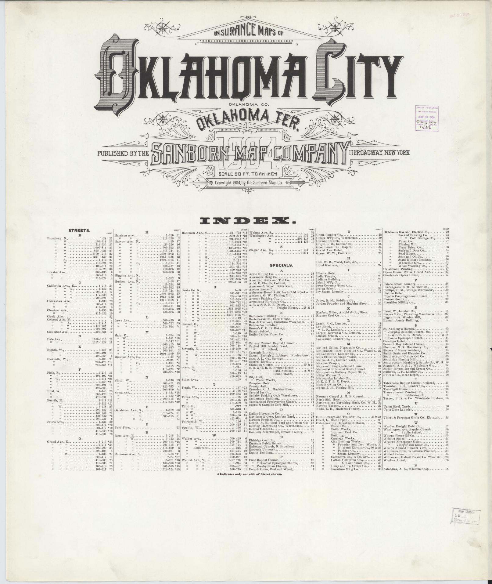 Sanborn Fire Insurance Map from Oklahoma City, Oklahoma County, Oklahoma (1904), Sheet #0001 - Historic Sanborn Fire Insurance Map Print, vintage old map wall art, antique decor, genealogy gift, Oklahoma City Oklahoma map