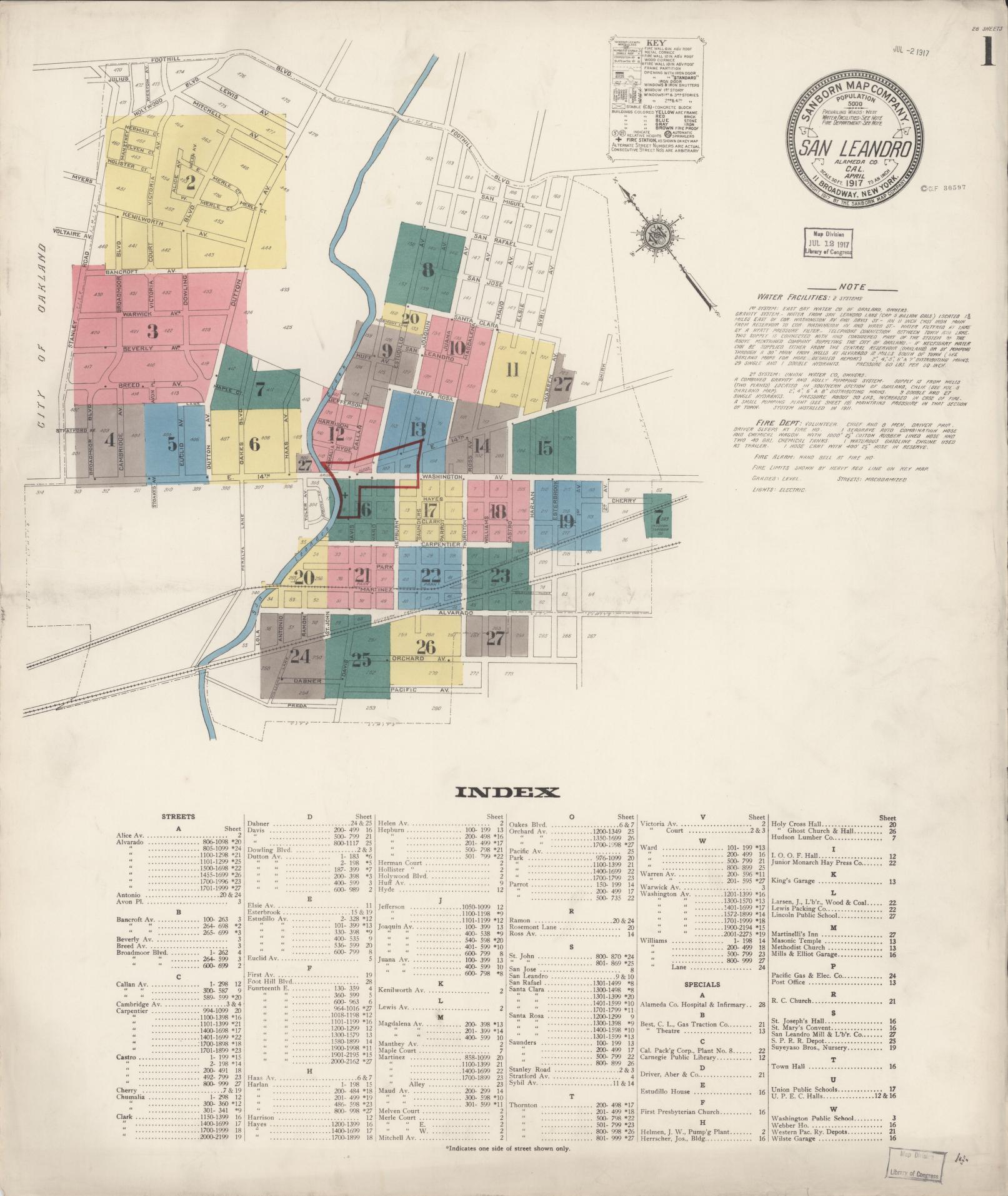 Sanborn Fire Insurance Map from San Leandro, Alameda County, California (1917), Sheet #0001 - Complete Map Set gallery image, historic Sanborn map, vintage wall art, California California