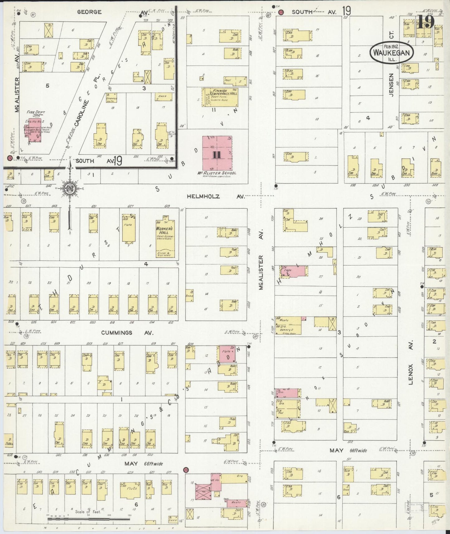 Sanborn Fire Insurance Map from Waukegan, Lake County, Illinois. (1912), Sheet 19 – Historic Sanborn Fire Insurance Map Print