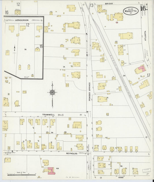 Sanborn Fire Insurance Map from Marietta, Cobb County, Georgia (1911), Sheet #0016 - Historic Sanborn Fire Insurance Map Print, vintage old map wall art, antique decor, genealogy gift, Georgia Georgia map