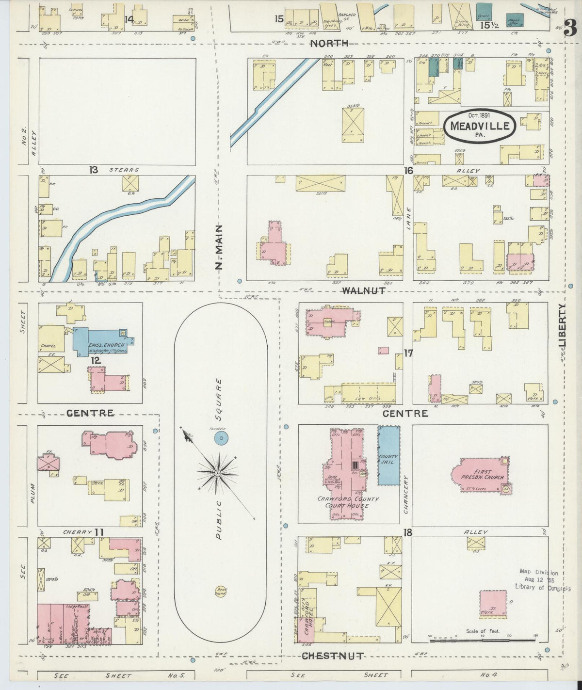 Sanborn Fire Insurance Map from Meadville, Crawford County, Pennsylvania (1891), Sheet #0003 - Historic Sanborn Fire Insurance Map Print, vintage old map wall art, antique decor, genealogy gift, Pennsylvania Pennsylvania map