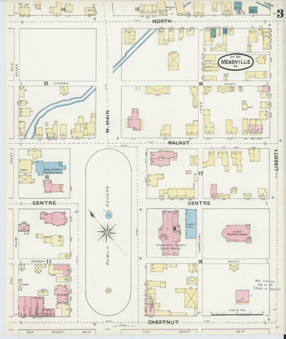 Sanborn Fire Insurance Map from Meadville, Crawford County, Pennsylvania (1891), Sheet #0003 - Historic Sanborn Fire Insurance Map Print, vintage old map wall art, antique decor, genealogy gift, Pennsylvania Pennsylvania map