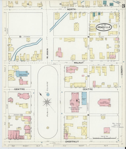 Sanborn Fire Insurance Map from Meadville, Crawford County, Pennsylvania (1891), Sheet #0003 - Historic Sanborn Fire Insurance Map Print, vintage old map wall art, antique decor, genealogy gift, Pennsylvania Pennsylvania map