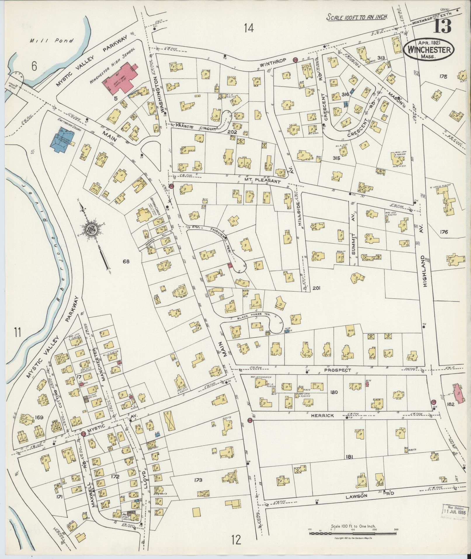 Sanborn Fire Insurance Map from Winchester, Middlesex County, Massachusetts (1921), Sheet #0013 - Complete Map Set gallery image, historic Sanborn map, vintage wall art, Massachusetts Massachusetts