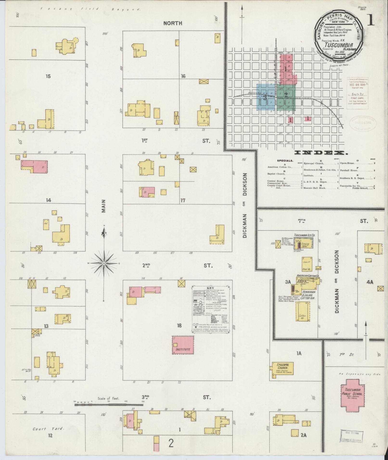 Sanborn Fire Insurance Map from Tuscumbia, Colbert County, Alabama (1899), Sheet #0001 - Complete Map Set gallery image, historic Sanborn map, vintage wall art, Alabama Alabama
