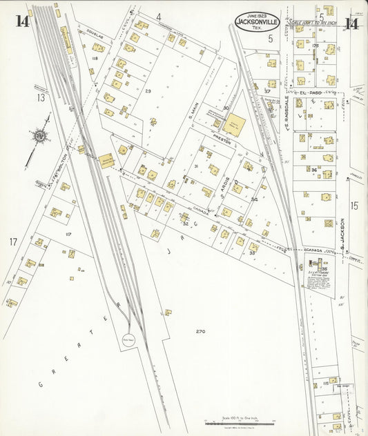 Sanborn Fire Insurance Map from Jacksonville, Cherokee County, Texas (1923), Sheet #0014 - Historic Sanborn Fire Insurance Map Print, vintage old map wall art, antique decor, genealogy gift, Texas Texas map
