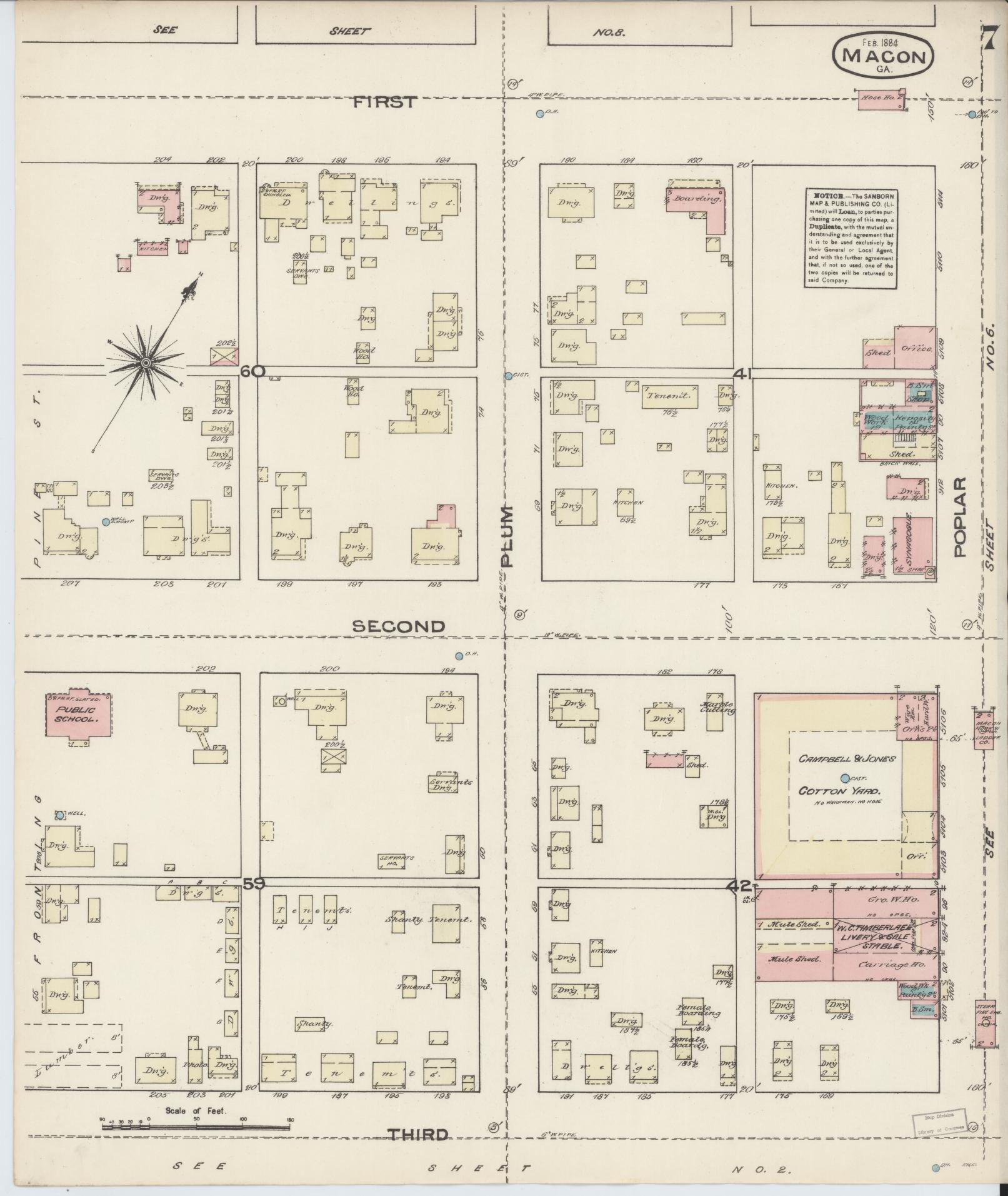 Sanborn Fire Insurance Map from Macon, Bibb and Jones County, Georgia (1884), Sheet #0007 - Complete Map Set gallery image, historic Sanborn map, vintage wall art, Georgia Georgia