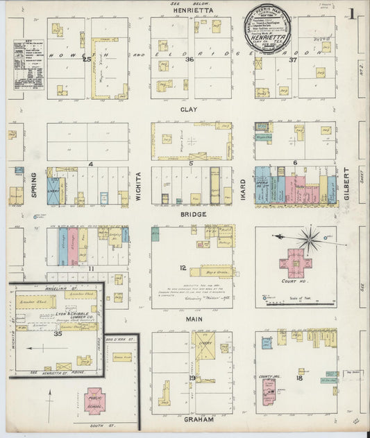 Sanborn Fire Insurance Map from Henrietta, Clay County, Texas (1891), Sheet #0001 - Historic Sanborn Fire Insurance Map Print, vintage old map wall art, antique decor, genealogy gift, Texas Texas map