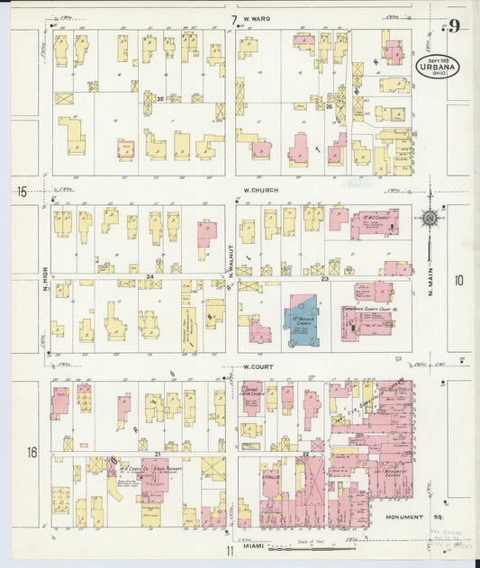 Sanborn Fire Insurance Map from Urbana, Champaign County, Ohio (1910), Sheet #0009 - Historic Sanborn Fire Insurance Map Print, vintage old map wall art, antique decor, genealogy gift, Ohio Ohio map