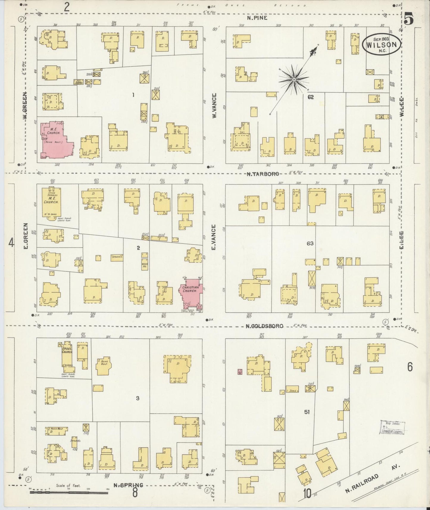 Sanborn Fire Insurance Map from Wilson, Wilson County, North Carolina (1903), Sheet #0005 - Historic Sanborn Fire Insurance Map Print, vintage old map wall art, antique decor, genealogy gift, North Carolina North Carolina map