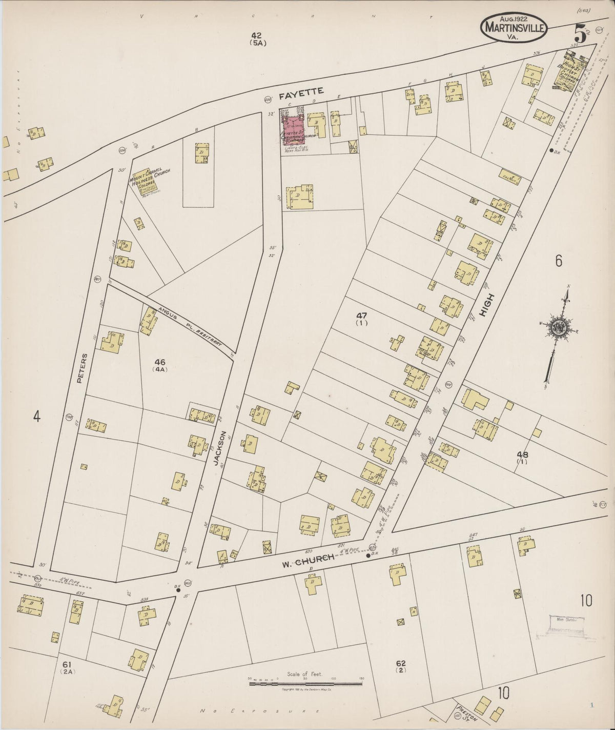 Sanborn Fire Insurance Map from Martinsville, Independent Cities, Virginia (1922), Sheet #0005 - Historic Sanborn Fire Insurance Map Print, vintage old map wall art, antique decor, genealogy gift, Virginia Virginia map