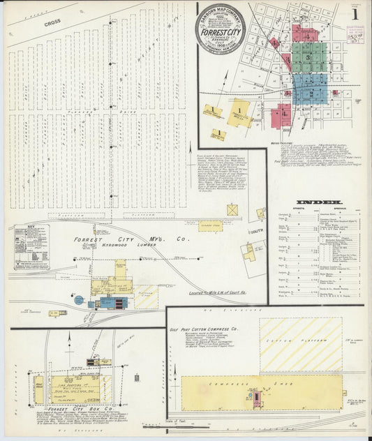 Sanborn Fire Insurance Map from Forrest City, Saint Francis County, Arkansas (1908), Sheet #0001 - Complete Map Set gallery image, historic Sanborn map, vintage wall art, Arkansas Arkansas