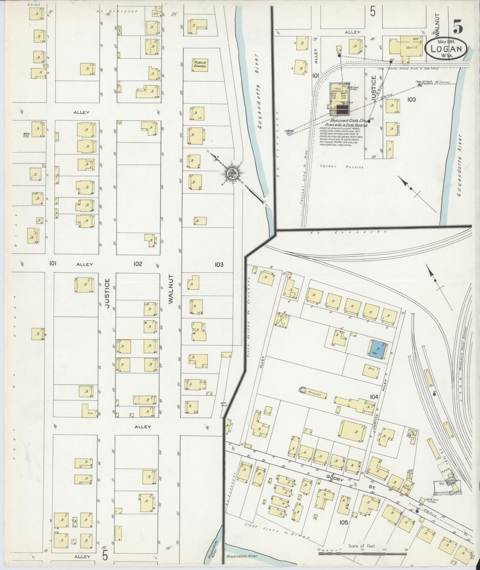 Sanborn Fire Insurance Map from Logan, Logan County, West Virginia (1914), Sheet #0005 - Historic Sanborn Fire Insurance Map Print, vintage old map wall art, antique decor, genealogy gift, West Virginia West Virginia map