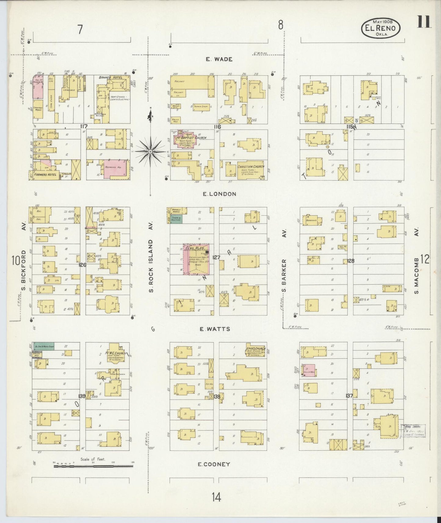 Sanborn Fire Insurance Map from El Reno, Canadian County, Oklahoma (1908), Sheet #0011 - Complete Map Set gallery image, historic Sanborn map, vintage wall art, Oklahoma Oklahoma