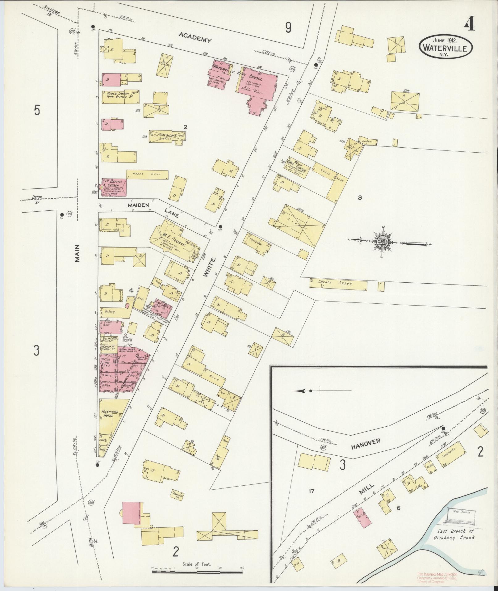 Sanborn Fire Insurance Map from Waterville, Oneida County, New York (1912), Sheet #0004 - Complete Map Set gallery image, historic Sanborn map, vintage wall art, New York New York