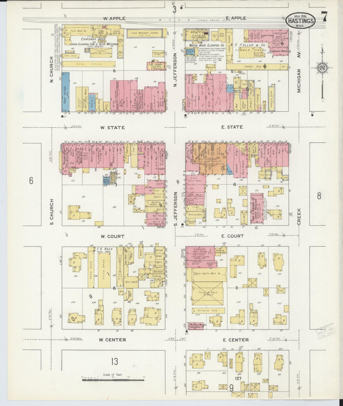 Sanborn Fire Insurance Map from Hastings, Barry County, Michigan (1916), Sheet #0007 - Historic Sanborn Fire Insurance Map Print, vintage old map wall art, antique decor, genealogy gift, Michigan Michigan map