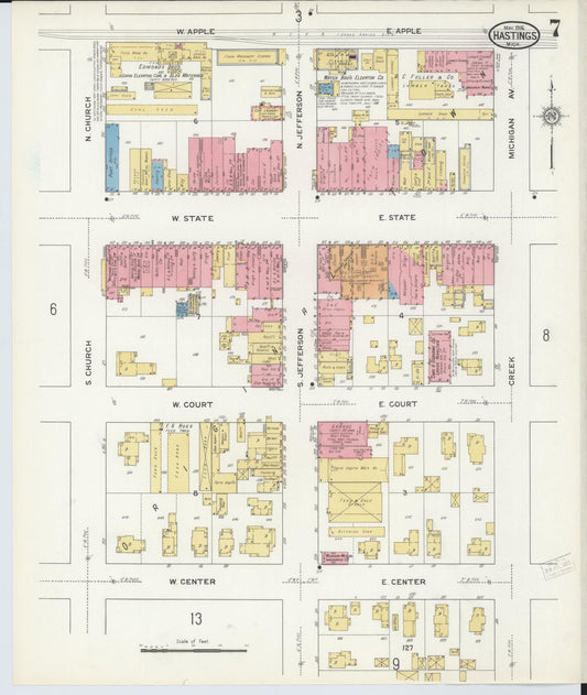 Sanborn Fire Insurance Map from Hastings, Barry County, Michigan (1916), Sheet #0007 - Historic Sanborn Fire Insurance Map Print, vintage old map wall art, antique decor, genealogy gift, Michigan Michigan map