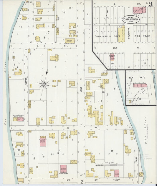 Sanborn Fire Insurance Map from Elizabethton, Carter County, Tennessee (1902), Sheet #0003 - Historic Sanborn Fire Insurance Map Print, vintage old map wall art, antique decor, genealogy gift, Tennessee Tennessee map