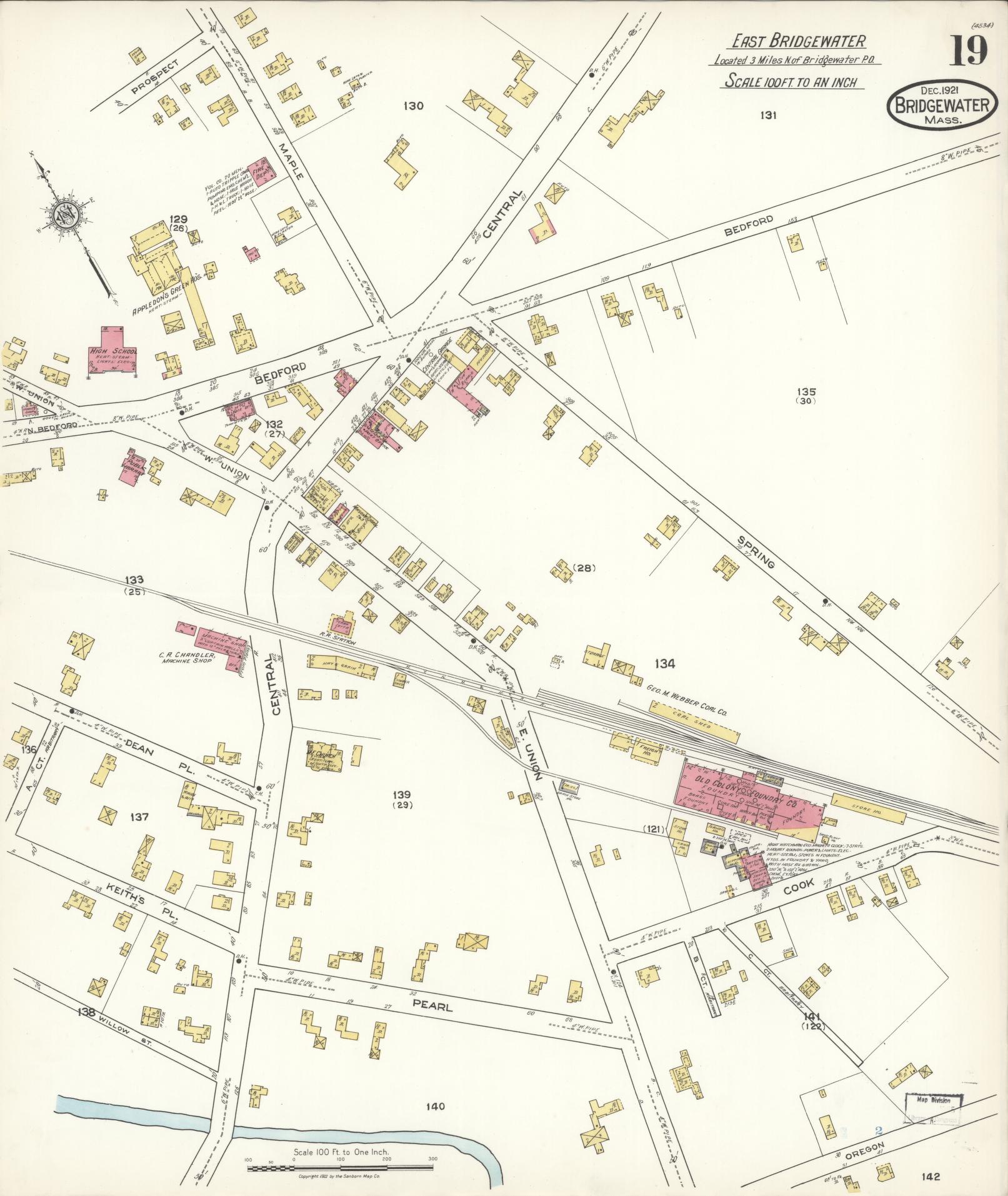 Sanborn Fire Insurance Map from Bridgewater, Plymouth County, Massachusetts (1921), Sheet #0019 - Complete Map Set gallery image, historic Sanborn map, vintage wall art, Massachusetts Massachusetts
