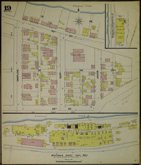 Sanborn Fire Insurance Map from Wheeling, Ohio County, West Virginia (1890), Sheet #0019 - Historic Sanborn Fire Insurance Map Print, vintage old map wall art, antique decor, genealogy gift, West Virginia West Virginia map