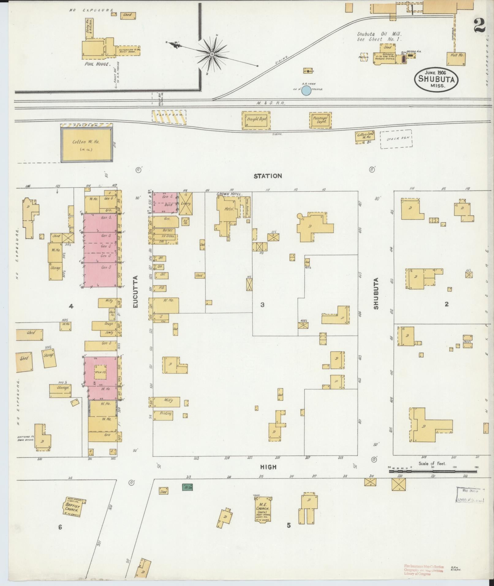 Sanborn Fire Insurance Map from Shubuta, Clarke County, Mississippi (1906), Sheet #0002 - Complete Map Set gallery image, historic Sanborn map, vintage wall art, Mississippi Mississippi