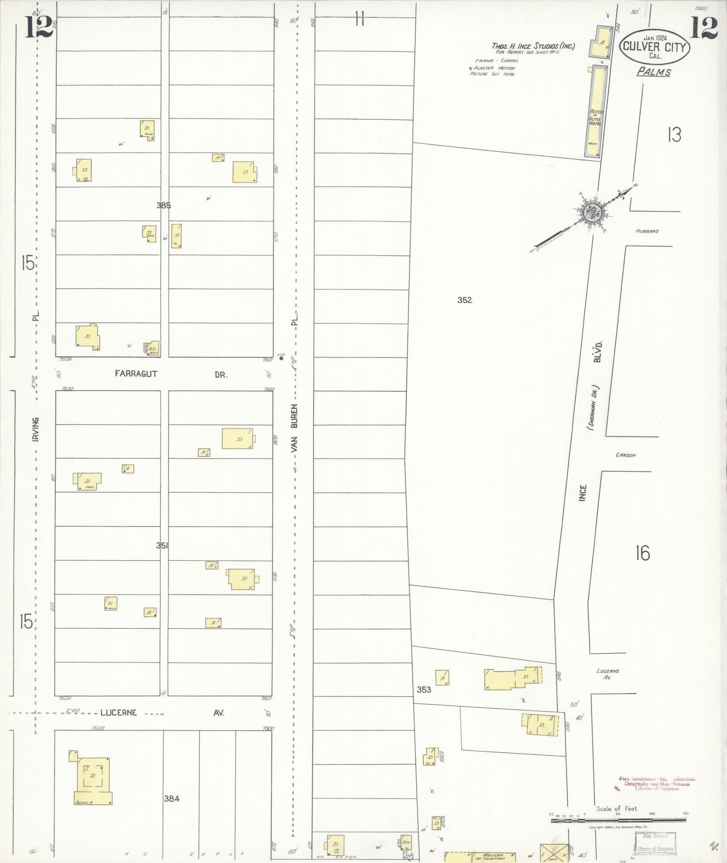 Sanborn Fire Insurance Map from Culver City, Los Angeles County, California (1924), Sheet #0012 - Historic Sanborn Fire Insurance Map Print, vintage old map wall art, antique decor, genealogy gift, California California map