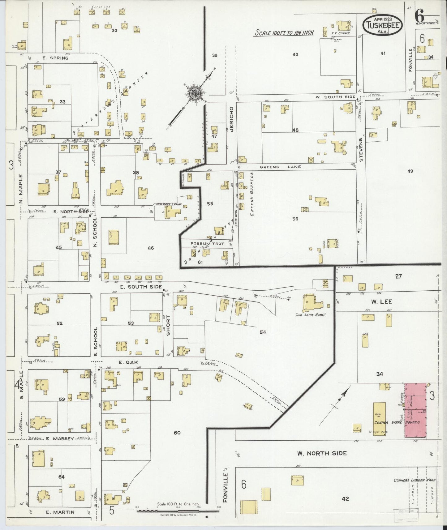 Sanborn Fire Insurance Map from Tuskegee, Macon County, Alabama (1920), Sheet #0006 - Complete Map Set gallery image, historic Sanborn map, vintage wall art, Alabama Alabama