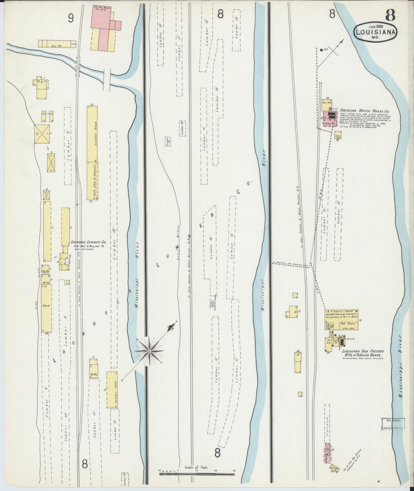 Sanborn Fire Insurance Map from Louisiana, Pike County, Missouri (1896), Sheet #0008 - Historic Sanborn Fire Insurance Map Print, vintage old map wall art, antique decor, genealogy gift, Missouri Missouri map