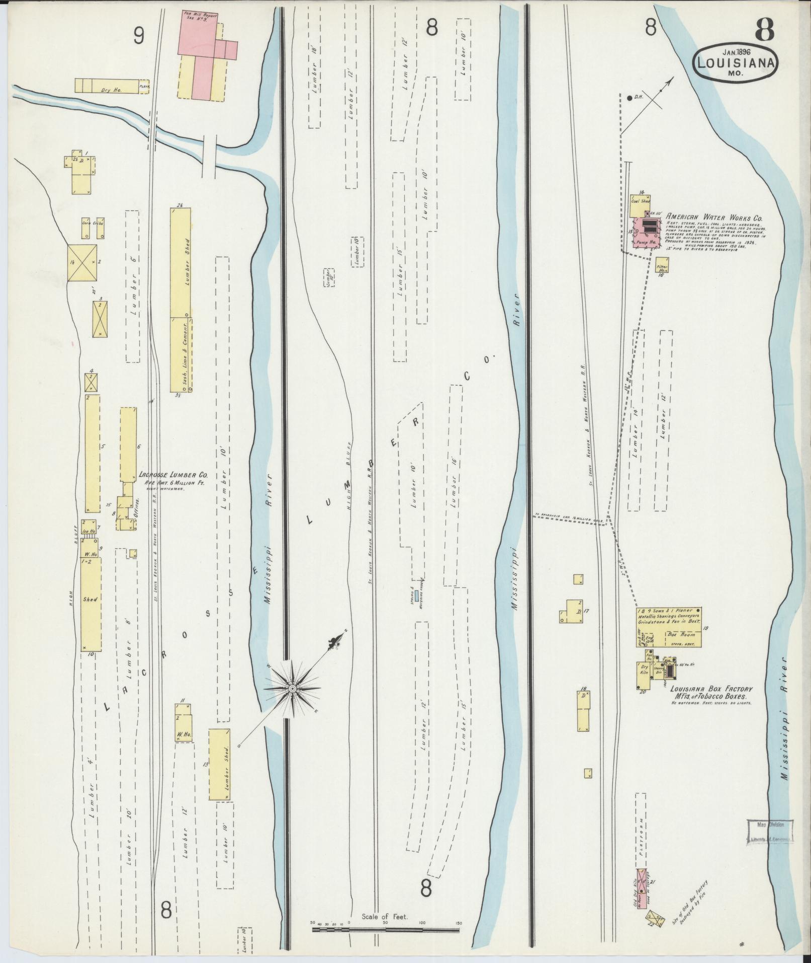 Sanborn Fire Insurance Map from Louisiana, Pike County, Missouri (1896), Sheet #0008 - Historic Sanborn Fire Insurance Map Print, vintage old map wall art, antique decor, genealogy gift, Missouri Missouri map