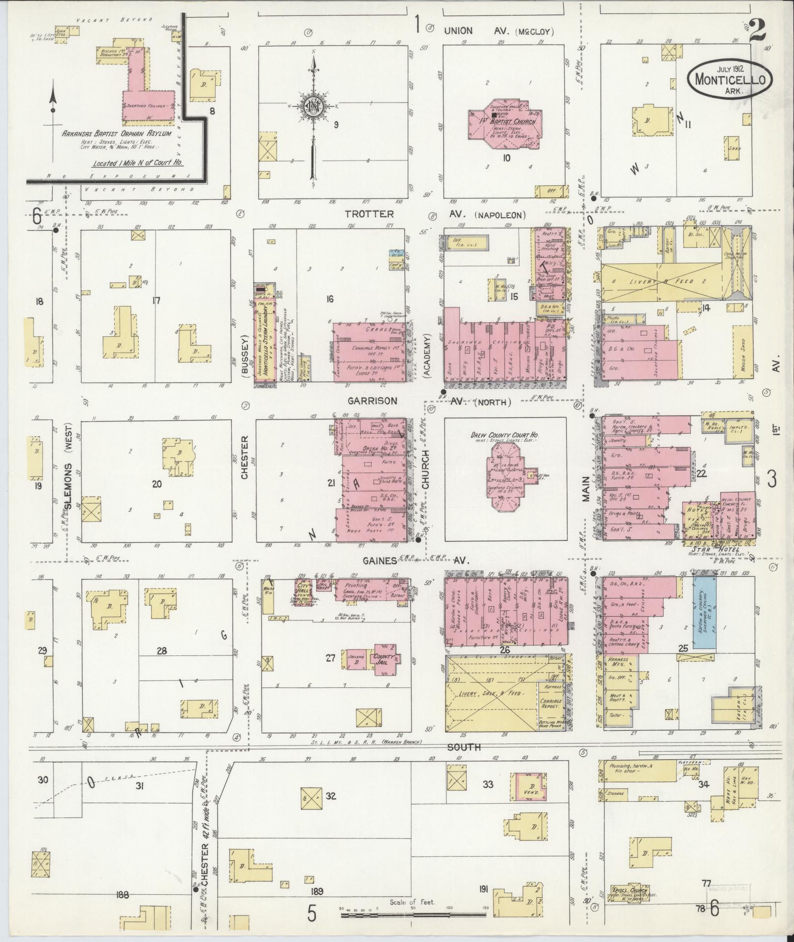 Sanborn Fire Insurance Map from Monticello, Drew County, Arkansas (1912), Sheet #0002 - Historic Sanborn Fire Insurance Map Print, vintage old map wall art, antique decor, genealogy gift, Arkansas Arkansas map