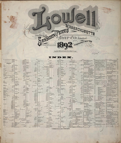 Sanborn Fire Insurance Map from Lowell, Middlesex County, Massachusetts (1892), Sheet #0001 - Historic Sanborn Fire Insurance Map Print, vintage old map wall art, antique decor, genealogy gift, Massachusetts Massachusetts map
