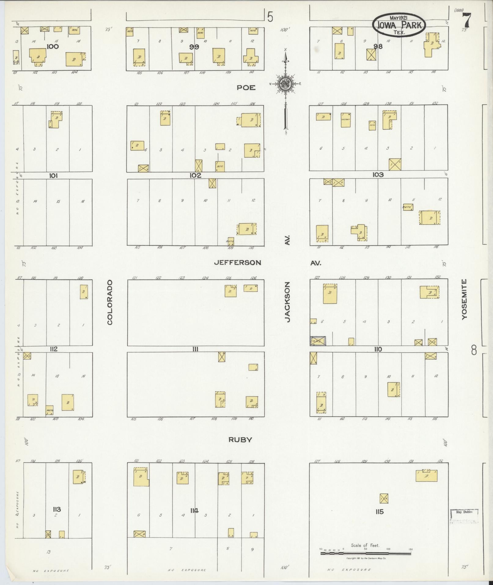Sanborn Fire Insurance Map from Iowa Park, Wichita County, Texas (1921), Sheet #0007 - Historic Sanborn Fire Insurance Map Print, vintage old map wall art