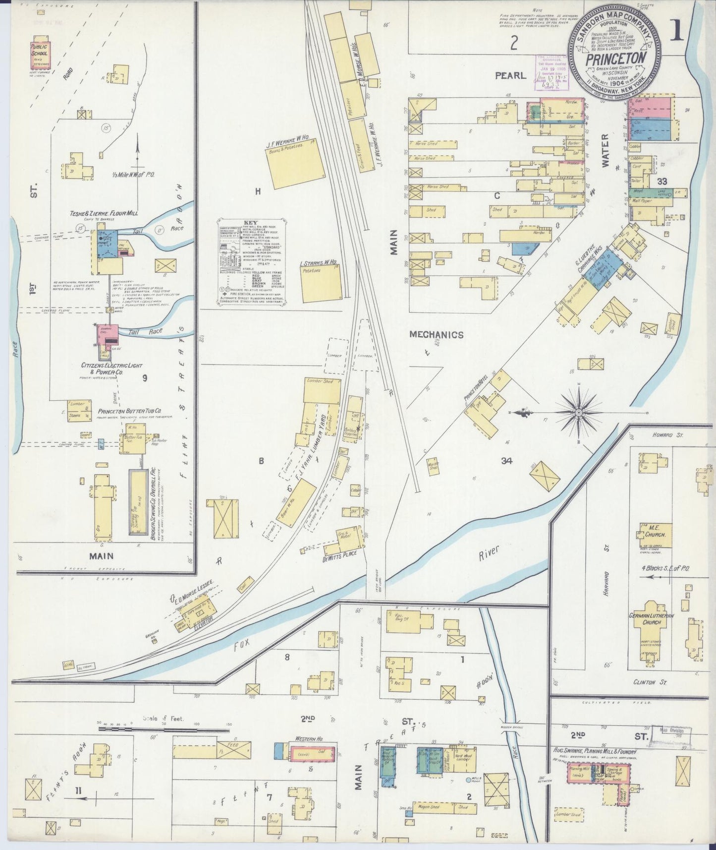 Sanborn Fire Insurance Map from Princeton, Green Lake County, Wisconsin (1904), Sheet #0001 - Complete Map Set gallery image, historic Sanborn map, vintage wall art, Wisconsin Wisconsin