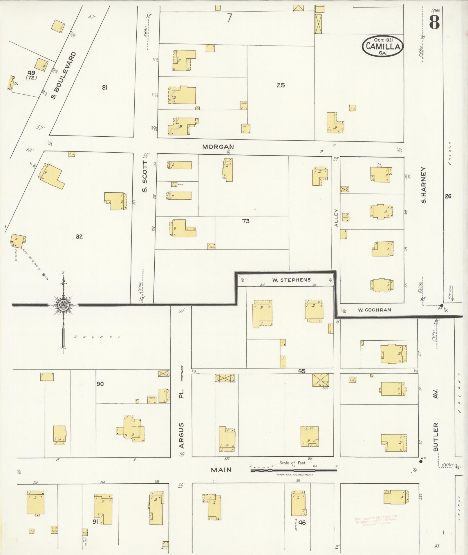 Sanborn Fire Insurance Map from Camilla, Mitchell County, Georgia (1921), Sheet #0008 - Complete Map Set gallery image, historic Sanborn map, vintage wall art, Georgia Georgia