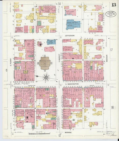 Sanborn Fire Insurance Map from Tiffin, Seneca County, Ohio (1908), Sheet #0013 - Historic Sanborn Fire Insurance Map Print, vintage old map wall art, antique decor, genealogy gift, Ohio Ohio map