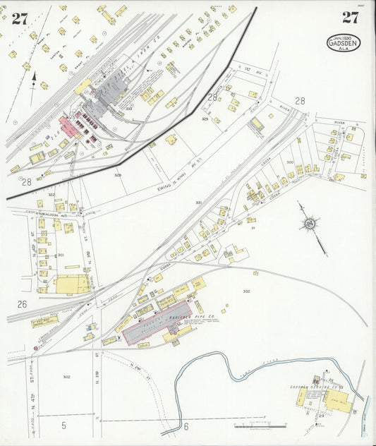 Sanborn Fire Insurance Map from Gadsden, Etowah County, Alabama (1930), Sheet #0027 - Historic Sanborn Fire Insurance Map Print, vintage old map wall art, antique decor, genealogy gift, Alabama Alabama map